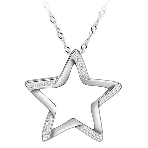 Sterling Silver Crescent Moon Star Necklace Cubic Zirconia Jewelry for Teen & Women Ladies Dainty 18" Chain - color: Star