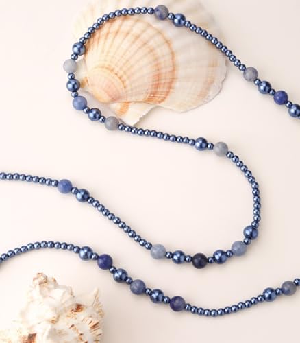 Long Beaded Necklaces for Women Pearl Stone Bead Strand - Layered Sweater Chain Elegant Mother's Day Jewelry Gifts - color: Blue