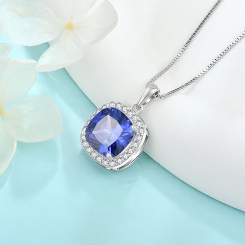 Birthstone Necklace for Women 925 Sterling Silver Princess Cut Halo Necklace Pendant Jewelry for Mom Wife - color: Navy Blue