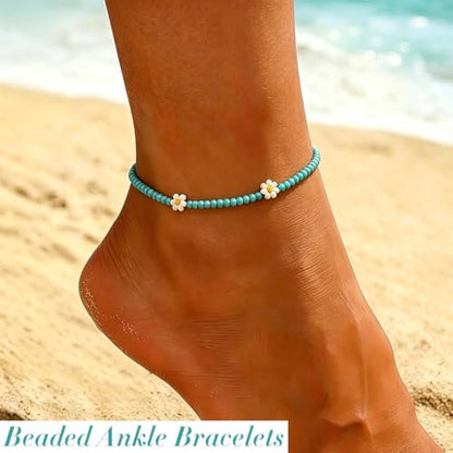 Beaded Chain Ankle Bracelets for Women Waterproof Sunflower Anklets Beachy Vacation Foot Jewelry Gifts - color: Green