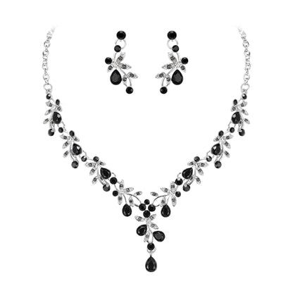 BriLove Wedding Jewelry Set for Women Bride, Y-Necklace Dangle Earrings Crystal Teardrop Leaf Flower Cluster Bridal Bridesmaid - color: 13-Black Silver-Tone