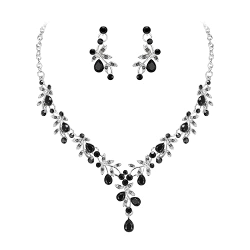 BriLove Wedding Jewelry Set for Women Bride, Y-Necklace Dangle Earrings Crystal Teardrop Leaf Flower Cluster Bridal Bridesmaid - color: 13-Black Silver-Tone
