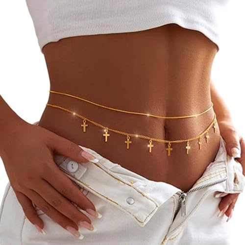 Tgirls Gold Waist Chain for Women Rhinestone Layered Belly Chains Beads Body Chain Heart-Shaped Beach Body Jewelry for Summer - style: Cross