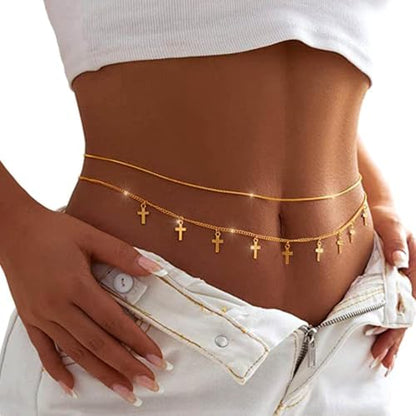 Tgirls Gold Waist Chain for Women Rhinestone Layered Belly Chains Beads Body Chain Heart-Shaped Beach Body Jewelry for Summer - style: Cross