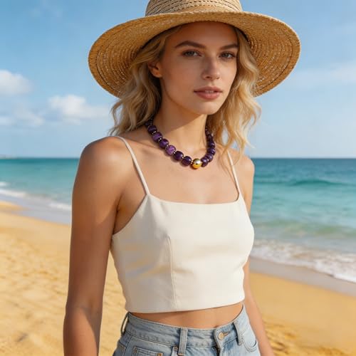 Colorful Statement Chunky Beaded Necklace for Women Large Square Resin Beads Y2K Trendy Bold Summer Vacation Boho Choker Jewelry - color: Purple