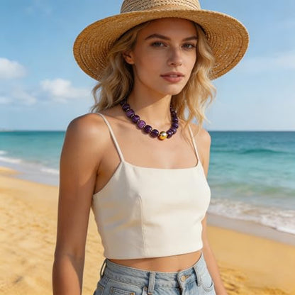 Colorful Statement Chunky Beaded Necklace for Women Large Square Resin Beads Y2K Trendy Bold Summer Vacation Boho Choker Jewelry - color: Purple