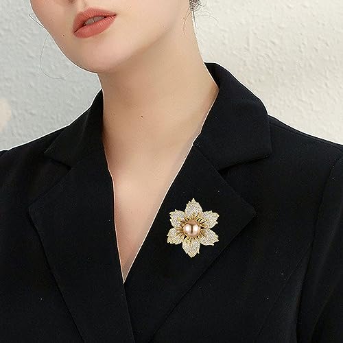 Gold/Silver Bauhinia Flower Crystal Brooches Pins Fashion Beautiful Created Rhinestone Pearl Floral Brooch Good Idea for Party Dance Wedding Banquet for Elegant Women Girl (Style 1)