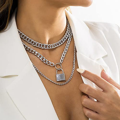Jumwrit Chunky Chain Necklace Punk Layered Choker Necklaces Cuban Link Chain Necklace with Lock Pendant Necklace Statement Necklace for Women and Girls - color: Silver