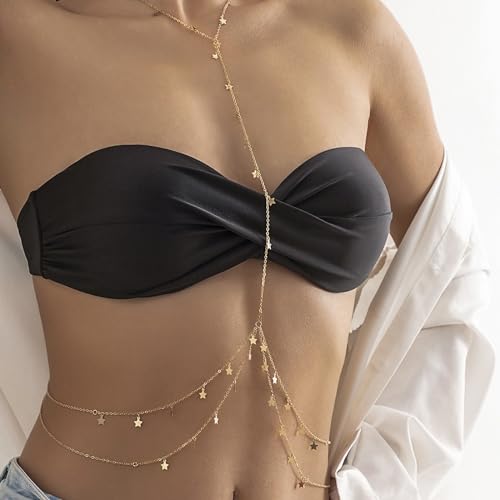 Gold Plated Body Chain for Women, Layered Bikini Waist Chain | Sexy Rhinestone Body Jewelry, Chest Belly Chain, Adjustable Fit, Crossover Design, Summer Beach Parties and Vacations - color: Gold8