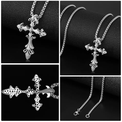 Stainless Steel Gothic Y2K Punk Rock Emo Biker Pendant Necklace | Cosplay Vintage Viking Alt Edgy Fashion Charm Necklace Jewelry for Men Women Active Daily Wear - style: Fleur de Lis Cross