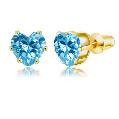 8mm Heart-Cut Birthstone Stud Earrings for Women – 18K Gold Plated Hypoallergenic Cubic Zirconia Earrings, Nickel Free, 12 Months Colors, Everyday Jewelry, Gift for Her, Bridal, Birthday, Christmas - color: 03 Mar Aquamarine