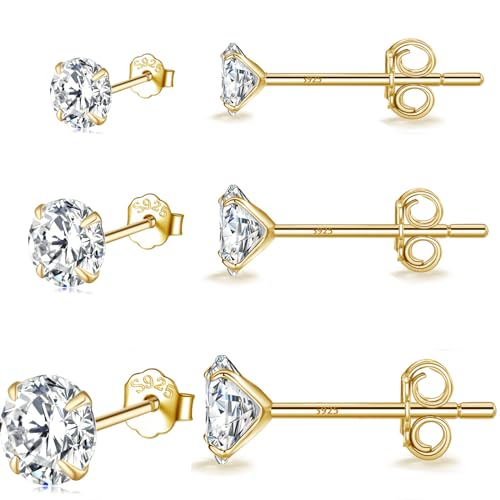 MASOP VOGU 3-5mm Sterling Silver Stud Earrings Set 14K White Gold Plated Hypoallergenic Tiny Round Cut CZ Cubic Zirconia Simulated Diamond Cartilage Studs for Women Men - color: D# 3Pairs Gold(3/4/5mm)