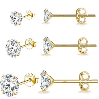 MASOP VOGU 3-5mm Sterling Silver Stud Earrings Set 14K White Gold Plated Hypoallergenic Tiny Round Cut CZ Cubic Zirconia Simulated Diamond Cartilage Studs for Women Men - color: D# 3Pairs Gold(3/4/5mm)