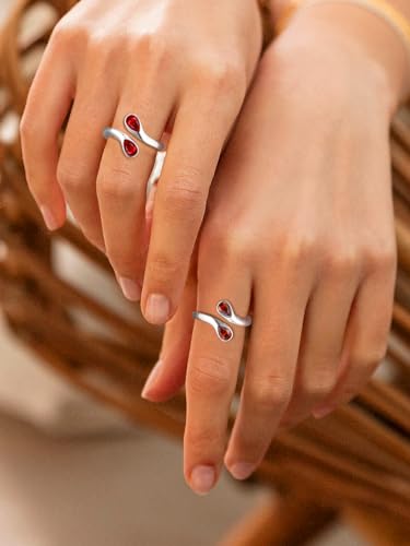 Bestyle Silver Birthstone Ring for Women, Dainty Sterling Silver Teardrop Ring Open Adjustable Band Ring, Love Statement TOI et Moi Ring Promise Ring for Her - color: 07.July( Ruby)