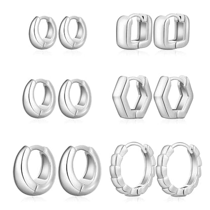Wgoud Small Gold Hoop Earrings Set for Women, 6 Pairs 14K Gold Plated Hypoallergenic Lightweight Huggie Hoops Earrings, Trendy Cartilage Cubic Zirconia Earrings for Women Gifts. - color: 03Silver