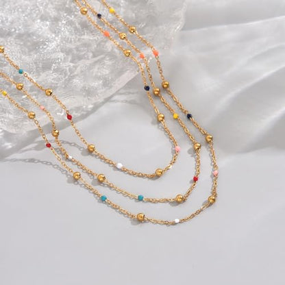 18K Gold Plated Layered Herringbone Necklaces for Women Dainty Layering Beaded Snake Chain Choker Moon Coin Pendant Necklace Trendy Stainless Steel Jewelry - color: Trible Multicolor Bead-Gold