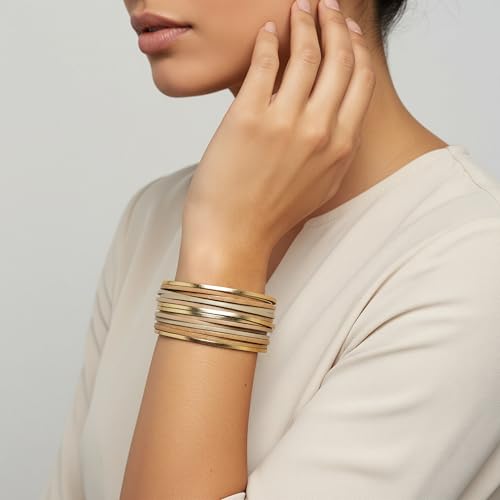 Edoneery Leather Wrap Bracelets for Women, Boho Layered Cuff Bangle | Multi-layer Leather Cuff, Daily wear, Stackable Bangle, Easy on-off, Western Jewelry Gifts for Women - color: Gold-7