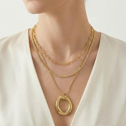 Layered Gold Necklaces for Women,18K Real Gold Plated Trendy Circle Pendant Necklace, Stackable Necklace Stainless Steel Jewelry Gifts for Birthday Valentine's, Mother's Day & Christmas - style: Gold-C