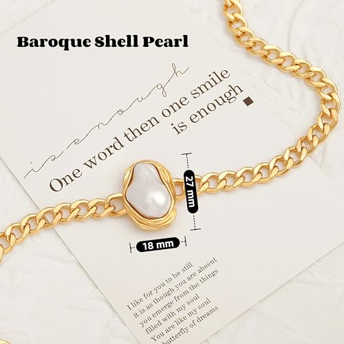 18k Gold Plated Chain Link Necklace for Women, Baroque Pearl/Compass Pendant Necklace - color: Pearl Choker