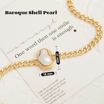 18k Gold Plated Chain Link Necklace for Women, Baroque Pearl/Compass Pendant Necklace - color: Pearl Choker