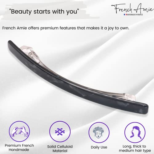 French Amie Long and Thin Black Nycra Large 4 Inch Hair Clip Barrette | Handmade For Women Girls Teens Adults Everyday Style - color: Black Nycra