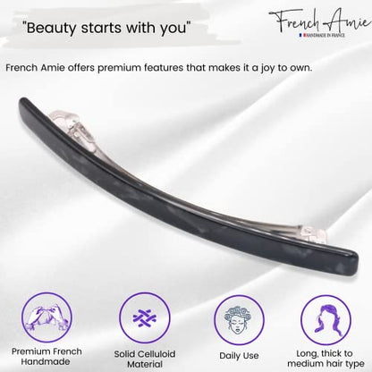 French Amie Long and Thin Black Nycra Large 4 Inch Hair Clip Barrette | Handmade For Women Girls Teens Adults Everyday Style - color: Black Nycra