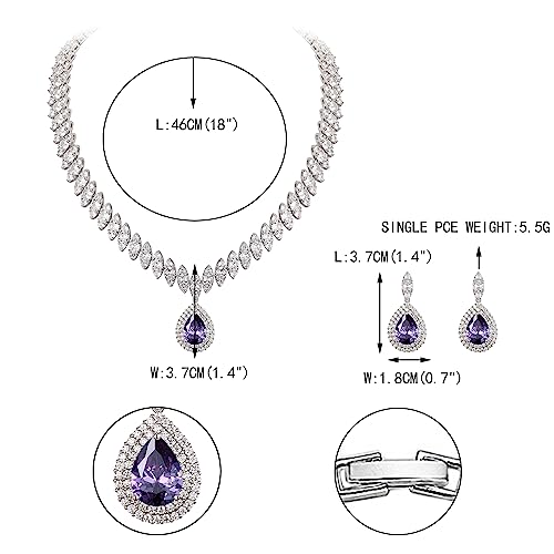 EVER FAITH CZ Marquise Leaf Teardrop Wedding Prom Jewelry Set for Women | Birthstone Pendant Necklace Dangle Earrings - color: Purple