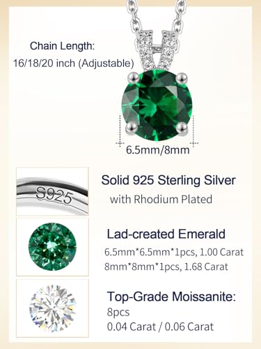 CYW Genuine Sapphire/Emerald/Ruby/Moissanite Necklace for Women, Really Authentic Solid 925 Sterling Silver, 16"/18"/20" Adjustable Chain, Anniversary Mother's Day Valentines Gift - color: Emerald - Round - White Gold, size: 6.5mm