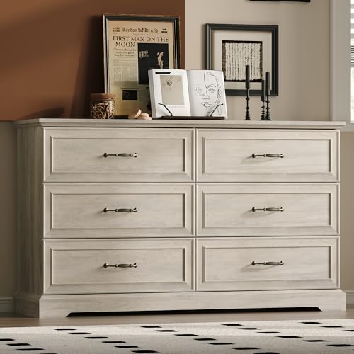 Farmhouse 6 Drawers Dresser for Bedroom, 54" Wide Modern Chest of Drawers with Deep Drawers & Bar Handles, Rustic Wood Dresser TV Stand, Wooden Closet Storage Organizer for Living Room, Hallway, Grey - color: Grey, size: 15.8"D x 53.2"W x 31.1"H (6 Drawer