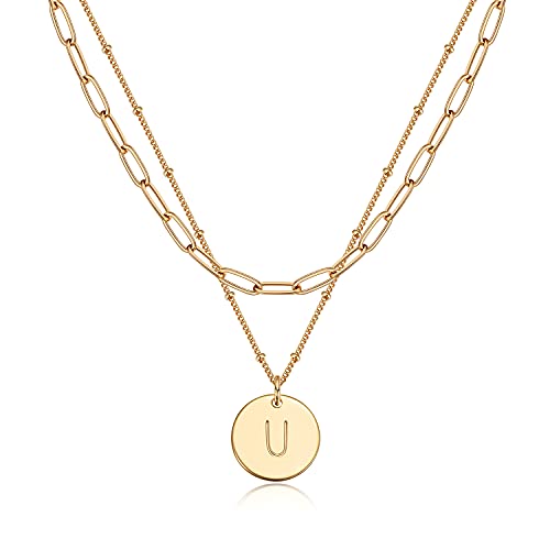 Valloey Rover Initial Necklaces for Women 14K Gold Plated Dainty Letter Necklce Round Coin Disc Pendant Double Side Engraved A-Z Necklace Personalized Jewelry Gift for Women - color: Layer-U