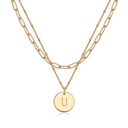 Valloey Rover Initial Necklaces for Women 14K Gold Plated Dainty Letter Necklce Round Coin Disc Pendant Double Side Engraved A-Z Necklace Personalized Jewelry Gift for Women - color: Layer-U