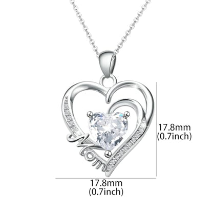 Sterling Silver Mom Heart Pendant Necklace for Women- Classic Adjustable Double Love Heart-Shaped Charm Necklace Hypoallergenic Cubic Zirconia Fashion Jewelry Gifts for Wife Mother