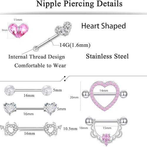 TIANCI FBYJS 6 Pairs Nipple Rings Stainless Steel Heart Butterfly Moon Flower CZ Stud Barbell Tongue Rings Set Cute Nipplerings Piercing Jewelry for Women Pink Tone - color: silver