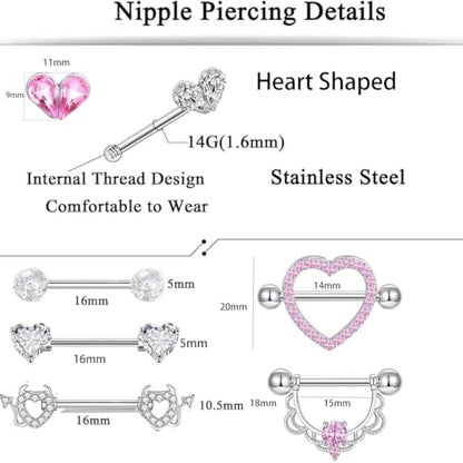 TIANCI FBYJS 6 Pairs Nipple Rings Stainless Steel Heart Butterfly Moon Flower CZ Stud Barbell Tongue Rings Set Cute Nipplerings Piercing Jewelry for Women Pink Tone - color: silver