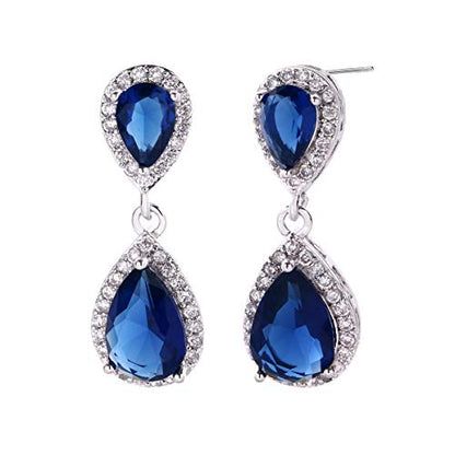 Pave Teardrop Earrings for Wedding Sterling Silver Double Pear Shaped CZ Cubic Zirconia Crystal Rhinestone Birthstone Dangle Earrings Bridal Jewelry for Bride Bridesmaids - color: Royal Blue Sapphire