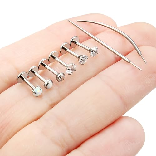 F136 Titanium 20/18/16g Internally Threaded Medusa Monroe Lip Ashley Labret Nose Rings Flat Back Tragus Helix Cartilage Conch Screw Stud Earrings Surgical Steel Piercing Jewelry for Women - color: White CZ, size: 18g*1/4in