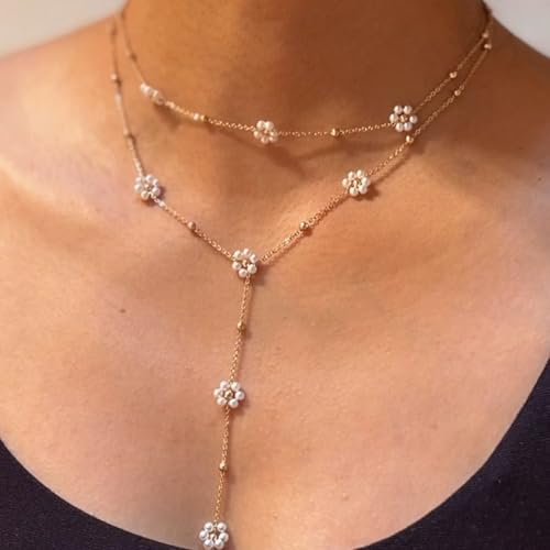 Dainty Layered Pearl Choker Necklace for Women Dainty Chain Necklaces Daisy Pearls jewelry Valentine Day Graduation Bride Gifts - color: daisy flower pearl