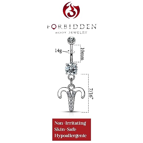 Forbidden Body Jewelry Surgical Steel CZ Jeweled Zodiac Sign Dangle Belly Button Ring - style: Aries