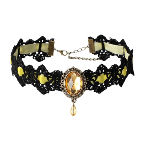 Gothic Lace Choker Necklace for Women Vintage Velvet Gemstone Clavicle Chain Punk Style Hollowed Out Lace Necklaces Halloween Vampire Party Jewelry - color: Yellow