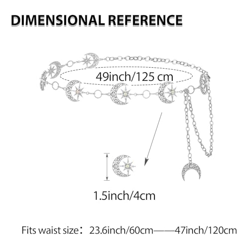 Rhinestone Moon Chain Belt Sparkly Star Waist Chain Adjustable Body Jewley for Women Dress Belt Accessory - style: Silver moon star C