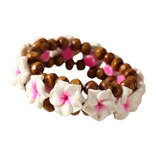 Pingyongchang Boho Hawaiian Plumeria Rubra Bracelets for Women Handmade Colorful Tropical Flower Wooden Beads Stretch Bracelet Summer Beach Holiday Jewelry Gifts - color: Pink White