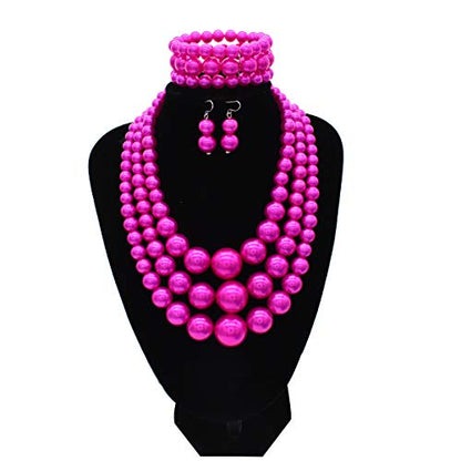 Big Chunky Pearl Necklace and Earrings Set Large Costume 1920s Faux Pearls Gatsby Accessories - color: A-Fuchsia