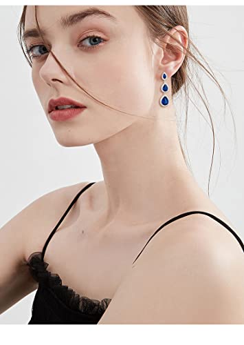 Women's Cubic Zirconia Bridal Earrings - Elegant Long Wedding Party Prom Earring for Bride Bridesmaids Crystal CZ Rhinestone Chandelier Statement Dangle Drop Earrings for Women - color: Sapphire - 14K White Gold Plated