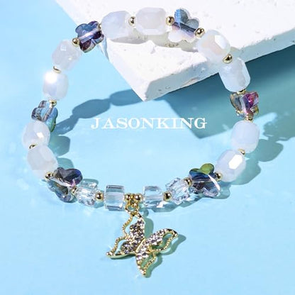 jasonking Butterfly Crystal Stretch Bracelet for Women,Birthday Gift for Mothers,Mother's Day gift - color: white，gold