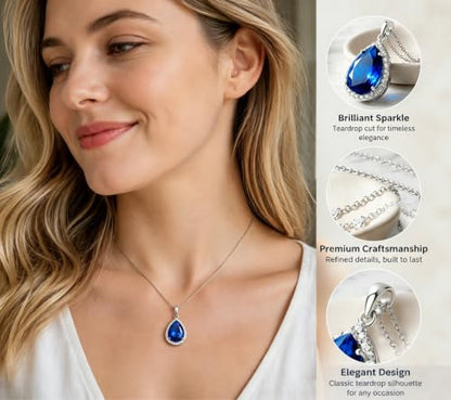 VONSSY Classic Oval Pendant Gemstone Necklace | Crystal Ruby Sapphire Waterdrop Birthstone Teardrop Emerald Necklace | 18K Platinum Gold Plated Chain | Jewelry Gift for Mother Wife Girlfriend - color: NL-Sapphire-Platinunm