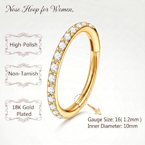 Staligue Nose Hoop ring - 316L Surgical Steel Nose Ring 16/18/20G Hinged Diamond Nose Ring Hoop Septum Clicker Rings Cartilage Earring Helix Rook Tragus Daith Piercing Jewelry for Women 6MM/8MM/10MM/12MM - color: Gold, size: 16G-10MM