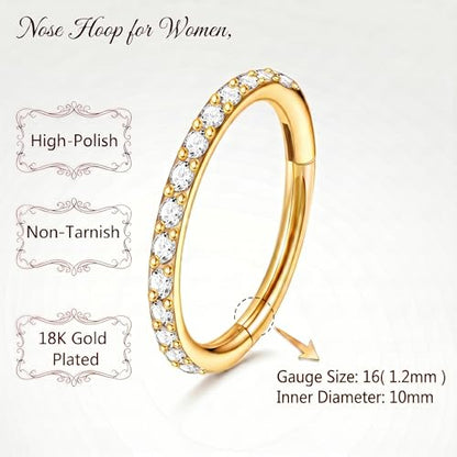 Staligue Nose Hoop ring - 316L Surgical Steel Nose Ring 16/18/20G Hinged Diamond Nose Ring Hoop Septum Clicker Rings Cartilage Earring Helix Rook Tragus Daith Piercing Jewelry for Women 6MM/8MM/10MM/12MM - color: Gold, size: 16G-10MM