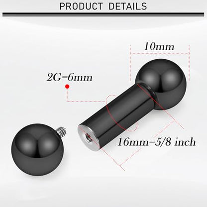 16G-00G Tongue Rings Nipple Piercings Internally Threaded Straight Barbell 316L Surgical Steel Body Piercing Jewelry for Women Men Black silver 12mm 14mm 16mm 19mm Bars Length - color: Black, size: 2G(6mm)-16mm barbells-10mm Balls