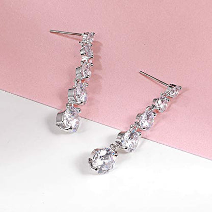 Women's Cubic Zirconia Bridal Earrings - Elegant Long Wedding Party Prom Earring for Bride Bridesmaids Crystal CZ Rhinestone Chandelier Statement Dangle Drop Earrings for girls - color: 5 Round CZ Drop Earring-silver