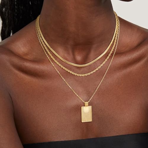 CHESKY Gold Layered Necklaces Set, 14K Gold Plated Paperclip Chain Stack | 3 Pcs Dainty Layering Necklaces, Gold CZ Pendant Necklace Trendy Jewelry Gift for Women Daily Wear - style: Square